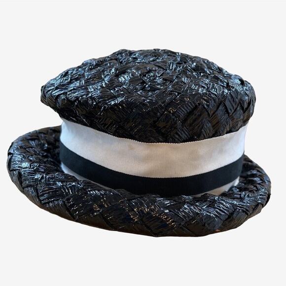 Roller Raffia Hat‎ Black With White Stripe Ribbon Band 1960s MidMod